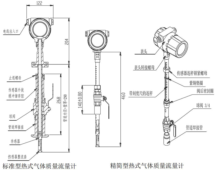 热式质量流量计插入式结构尺寸图