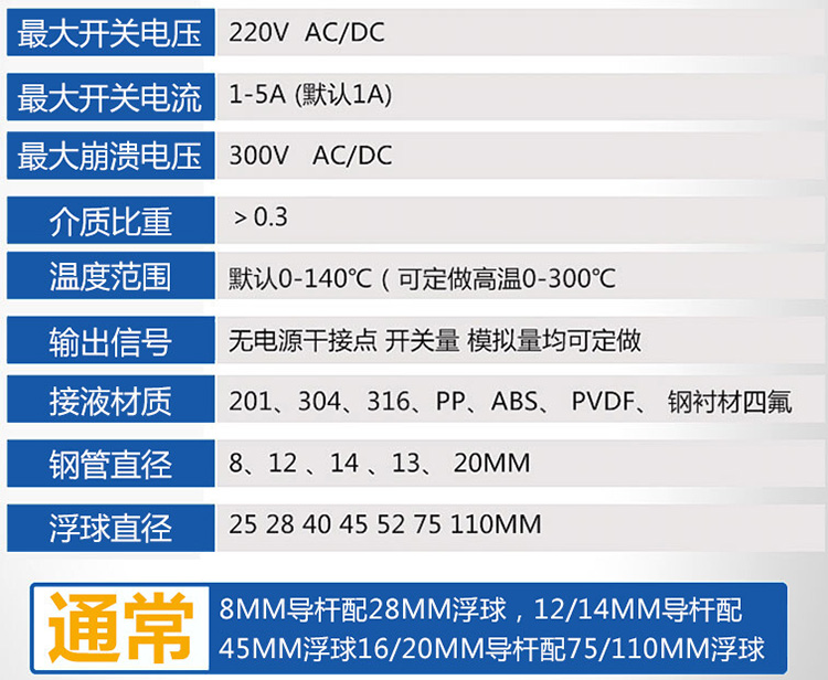 盐酸浮球液位计技术参数对照表