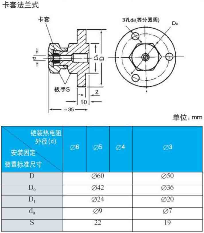 表面贴片热电阻卡套法兰式安装尺寸图